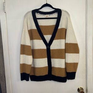 BKE Size Large Women's Striped Cardigan Sweater - Black, White, and Tan